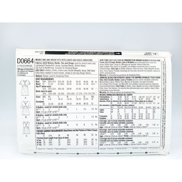 Simplicity Sewing Pattern D0664 Knit Woven Fabric Top V-Shape Front Back XXS-XXL - Picture 4 of 4